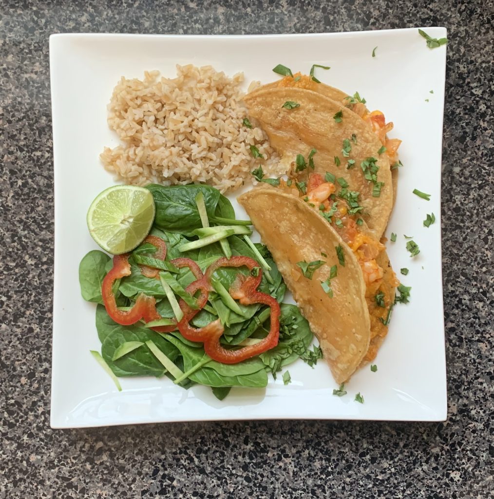 shrimp tacos with rice and side salad